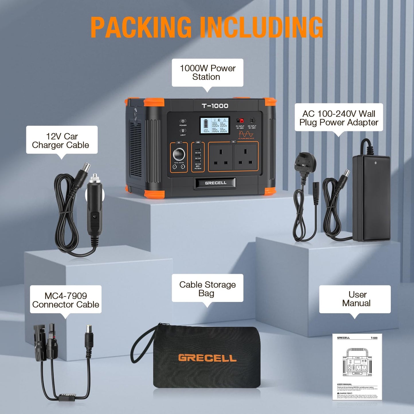 Portable Power Station 1000W(Peak 2000W), GRECELL 999Wh Outdoor Solar Generator Backup Battery Pack with 2 230V AC Outlets, 1000W 10-Port Powerhouse for RV/Van Camping Road Trip Home Emergency