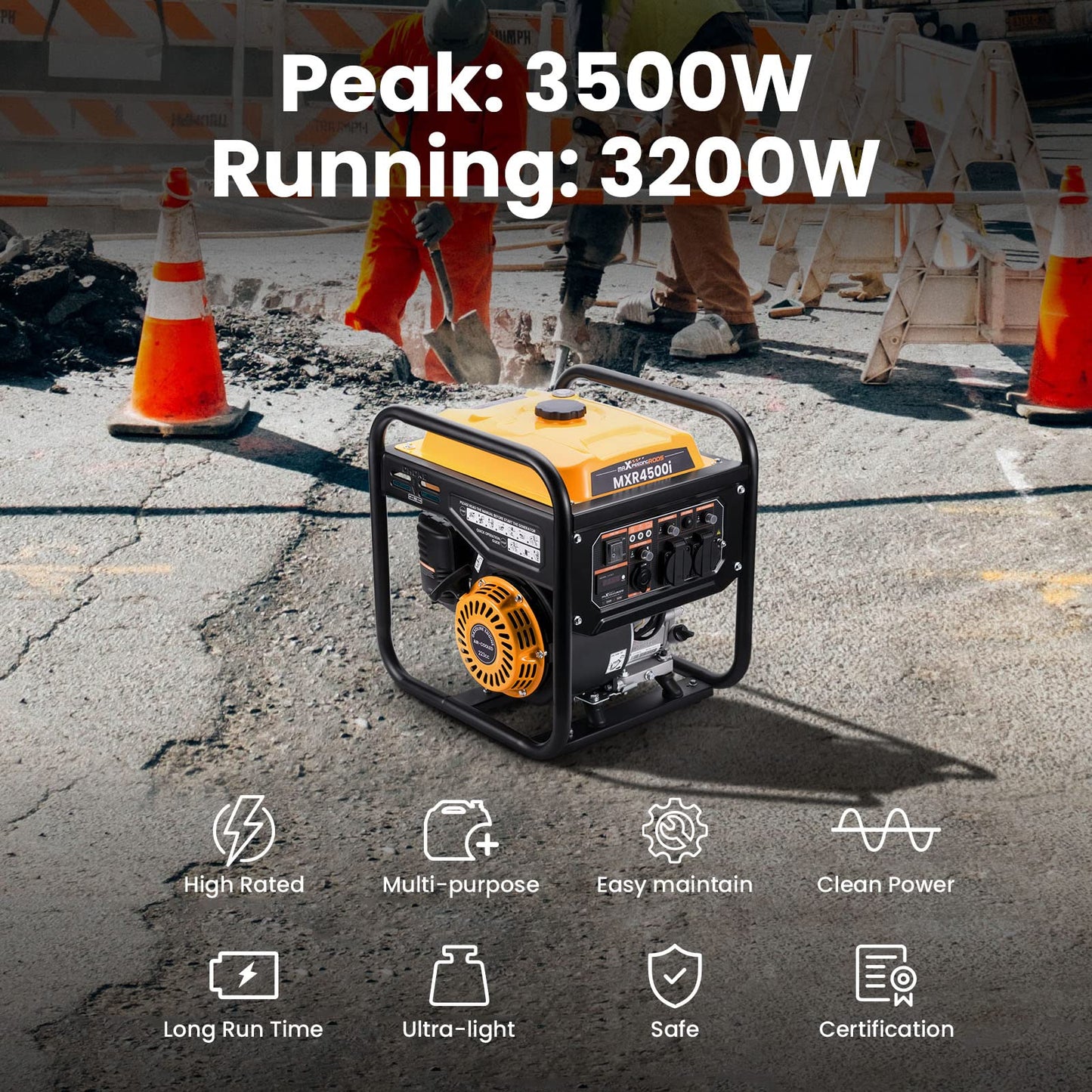 maXpeedingrods 3500W Portable Inverter Generator 4-Stroke Pure Sine Wave Petrol Generator for Camping, RV Travel, Home, or Jobsites