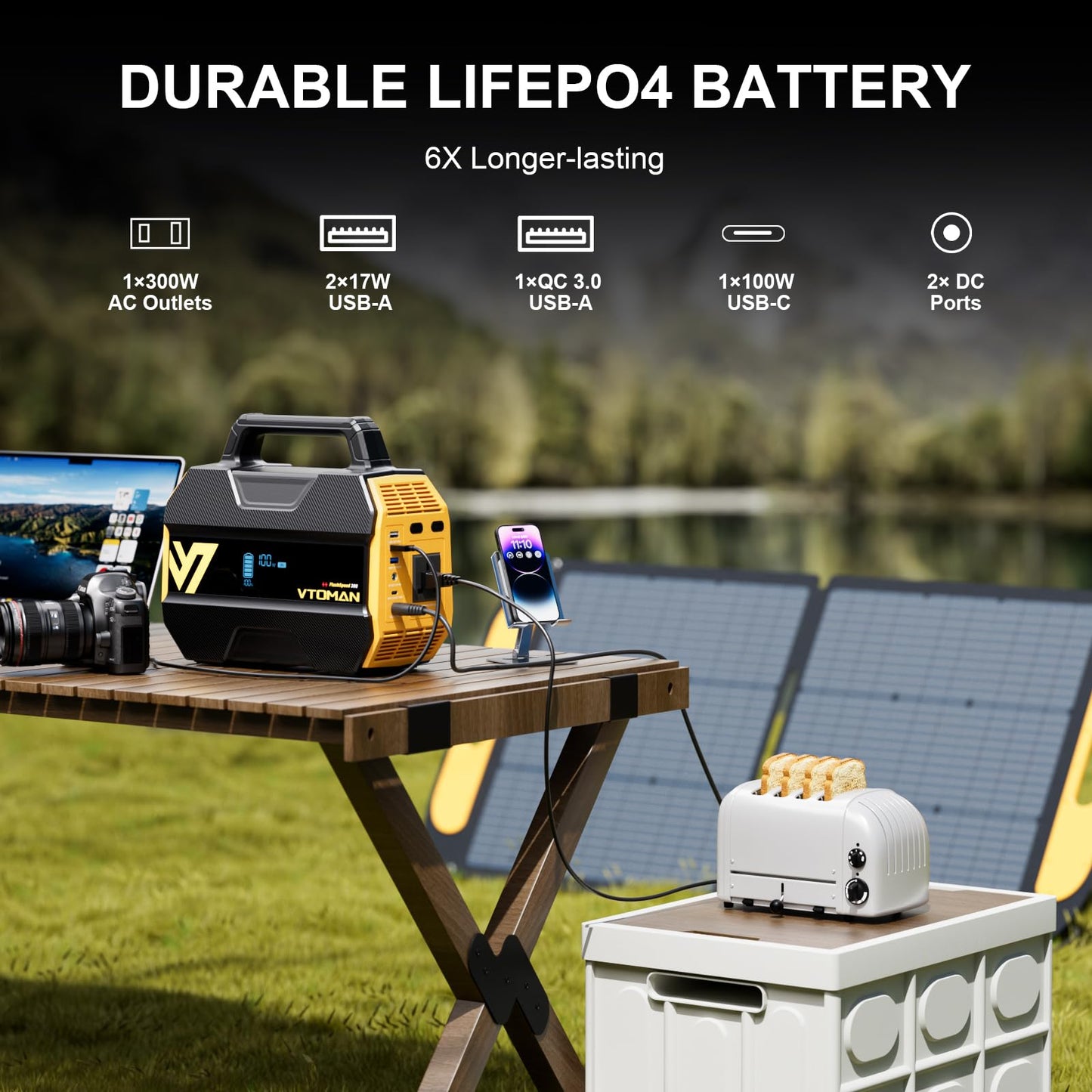 VTOMAN FlashSpeed 300 Portable Power Station Up to 600W Output, 230Wh Solar Generator with LiFePO4 Battery, Fast Charging 100W USB-C, 3000 Cycles, 6 Outlets for Home, Camping, RV, Fishing