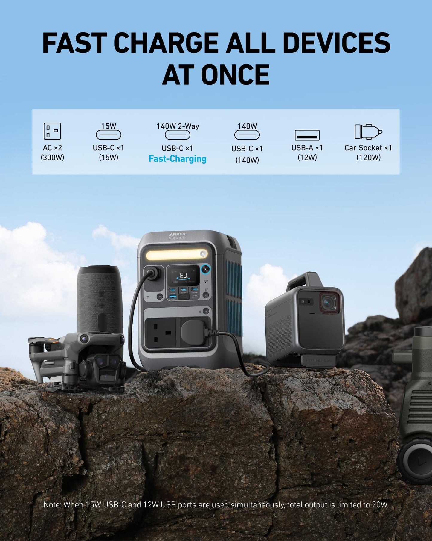 Anker SOLIX C300 Portable Power Station, Outdoor 288Wh LiFePO4 Battery, 300W (600W Surge) Solar Generator, 140W Two-Way Fast Charging, For Camping, Traveling, and Emergencies