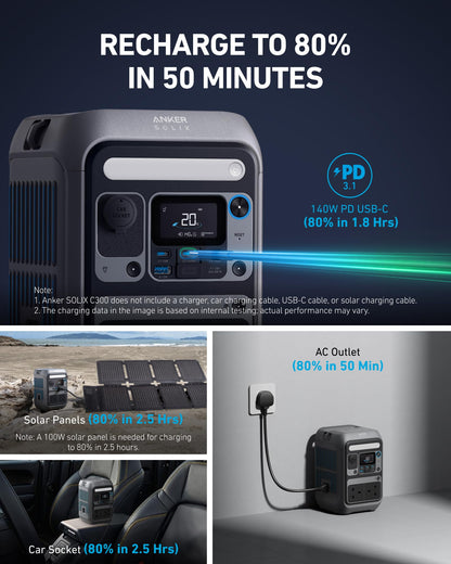 Anker SOLIX C300 Portable Power Station, Outdoor 288Wh LiFePO4 Battery, 300W (600W Surge) Solar Generator, 140W Two-Way Fast Charging, For Camping, Traveling, and Emergencies